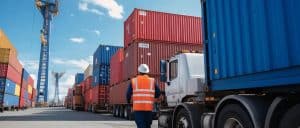 Cargo shipping containers at a busy port with trucks, showcasing China Vast Logistics' expert freight forwarding and shipping services.