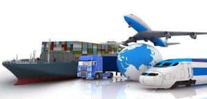 Shipping and transportation logistics with cargo ships, trucks, trains, airplanes, and global shipping containers for efficient supply chain management in China.