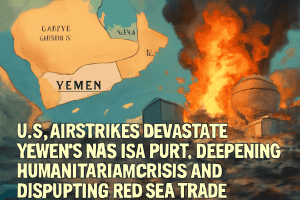U.S. and Yemen airstrikes causing devastating humanitarian crisis, affecting red sea trade routes, with emphasis on logistics and regional impact, illustrated by geopolitical map and fiery background.