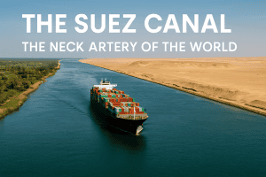 Container ship sailing through Suez Canal, key artery of global maritime trade
