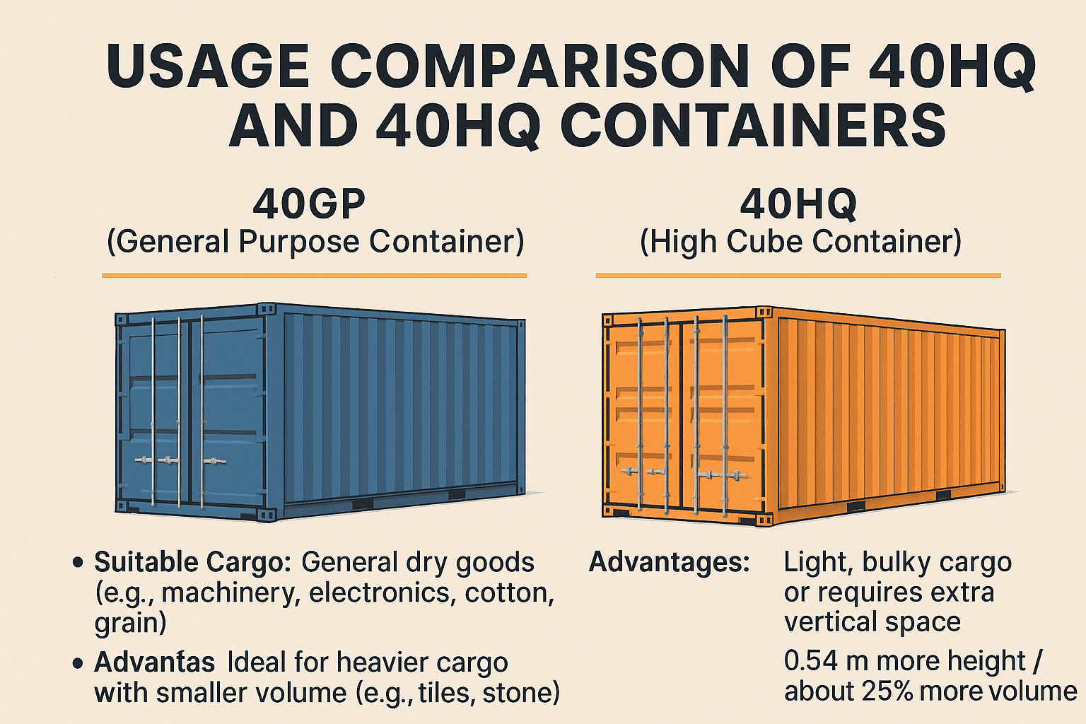 Usage comparison of 40GP and 40HQ containers, general purpose vs high cube shipping container illustration