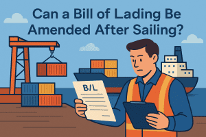 Bill of lading amendment, shipping officer checking documents at port illustration