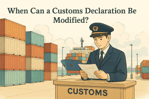 Customs officer reviewing documents, modification of customs declaration process illustration