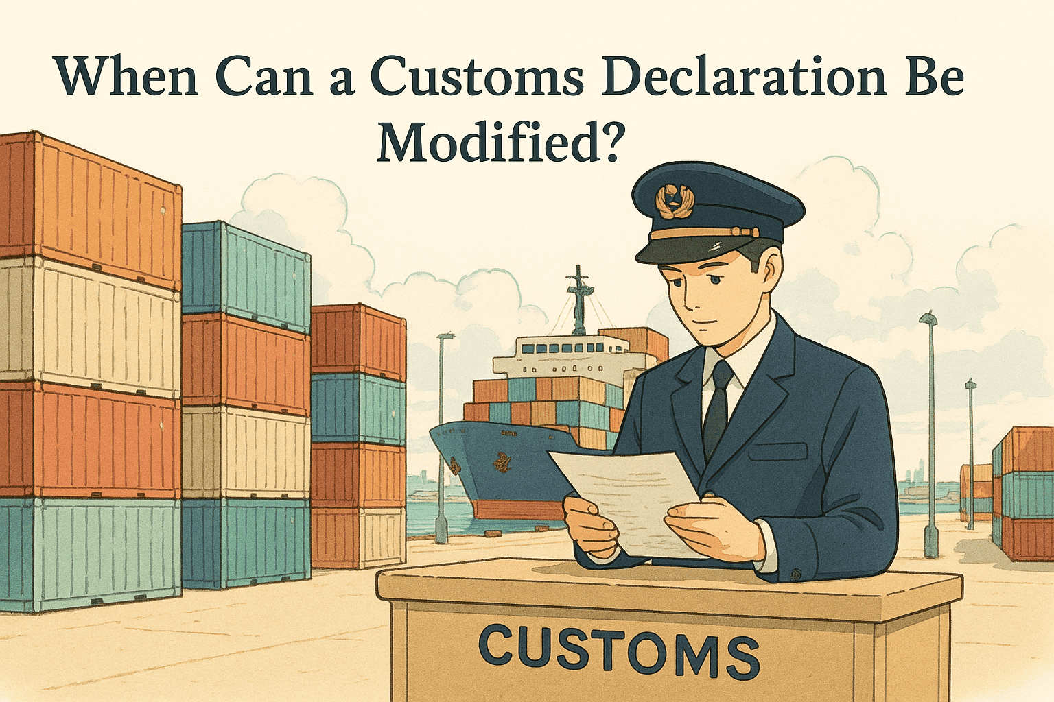 Customs officer reviewing documents, modification of customs declaration process illustration