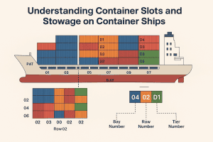 Container ship stowage plan, understanding container slots, bay row and tier numbers illustration