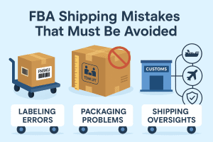 FBA shipping mistakes illustration, labeling errors, packaging problems and customs oversight risks