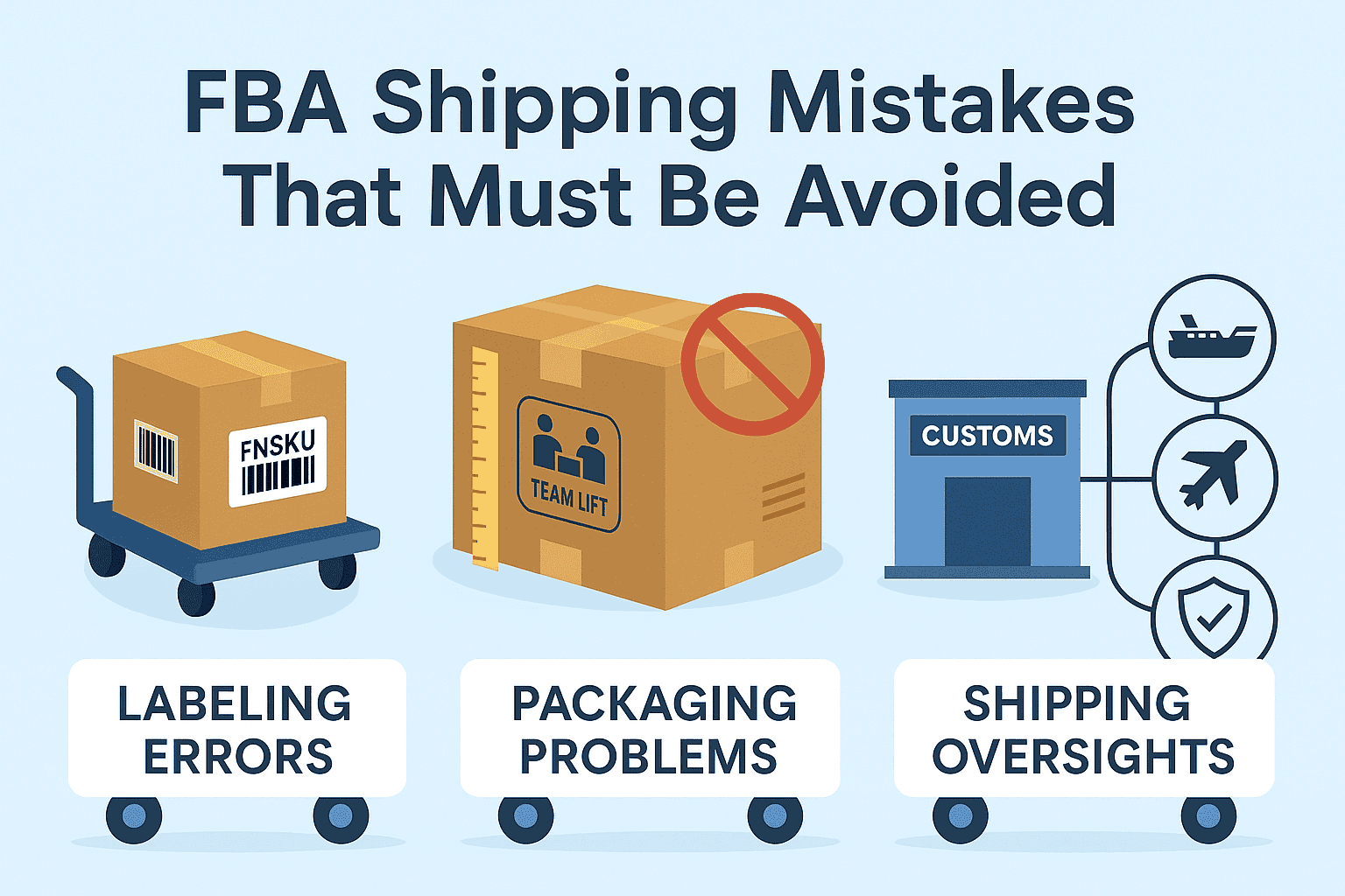 FBA shipping mistakes illustration, labeling errors, packaging problems and customs oversight risks