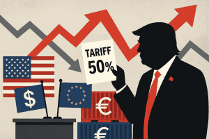US-China trade tariffs and economic impact concept illustration, showing political figures, currency symbols, tariffs, and rising graphs.