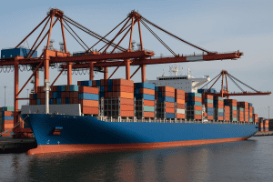 Fully cellular container ship at port, cargo handling with cranes in global maritime trade
