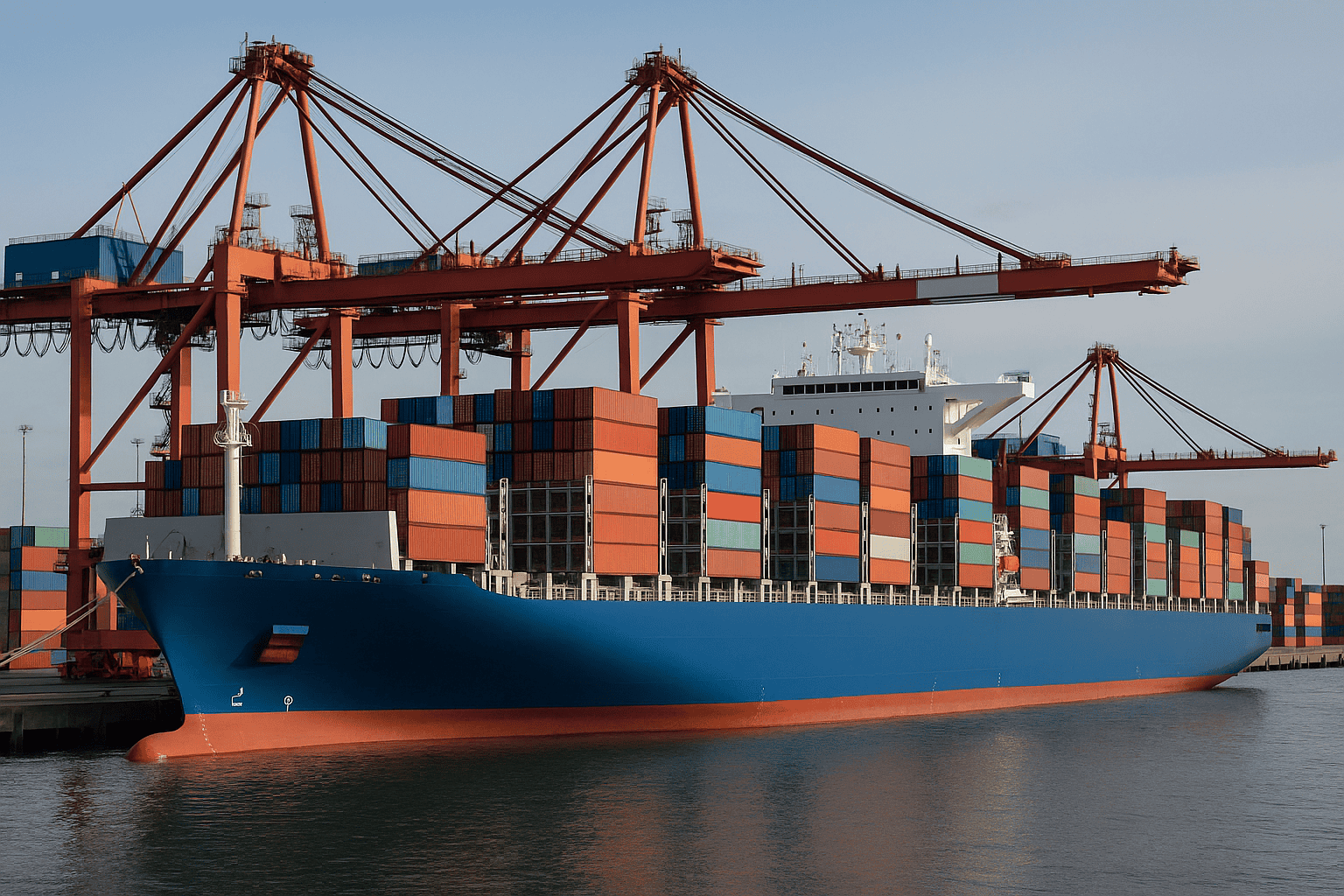 Fully cellular container ship at port, cargo handling with cranes in global maritime trade