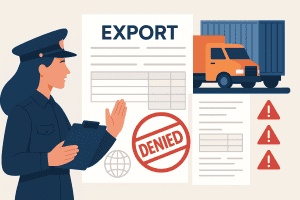 Export declaration denied, customs officer inspection, blocked shipment and compliance risks illustration