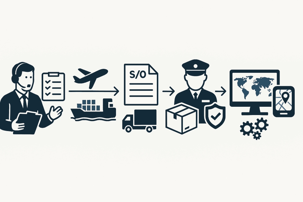 International logistics clearance process, shipping documents, customs inspection and global transportation illustration