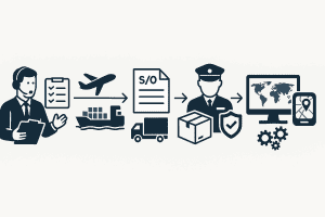 International logistics clearance process, shipping documents, customs inspection and global transportation illustration