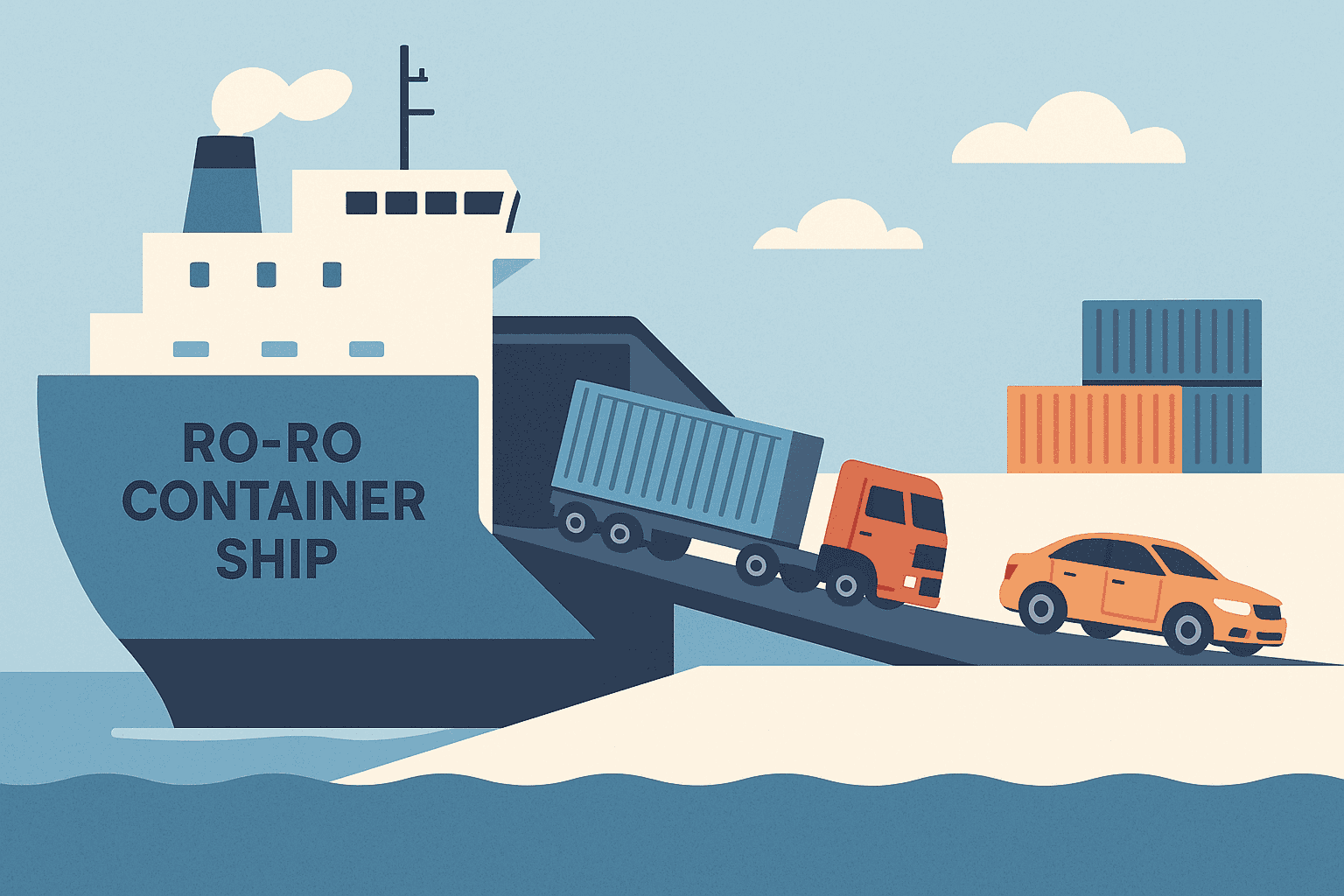 RO-RO船装载货车与汽车, 集装箱运输, 全球物流 illustration