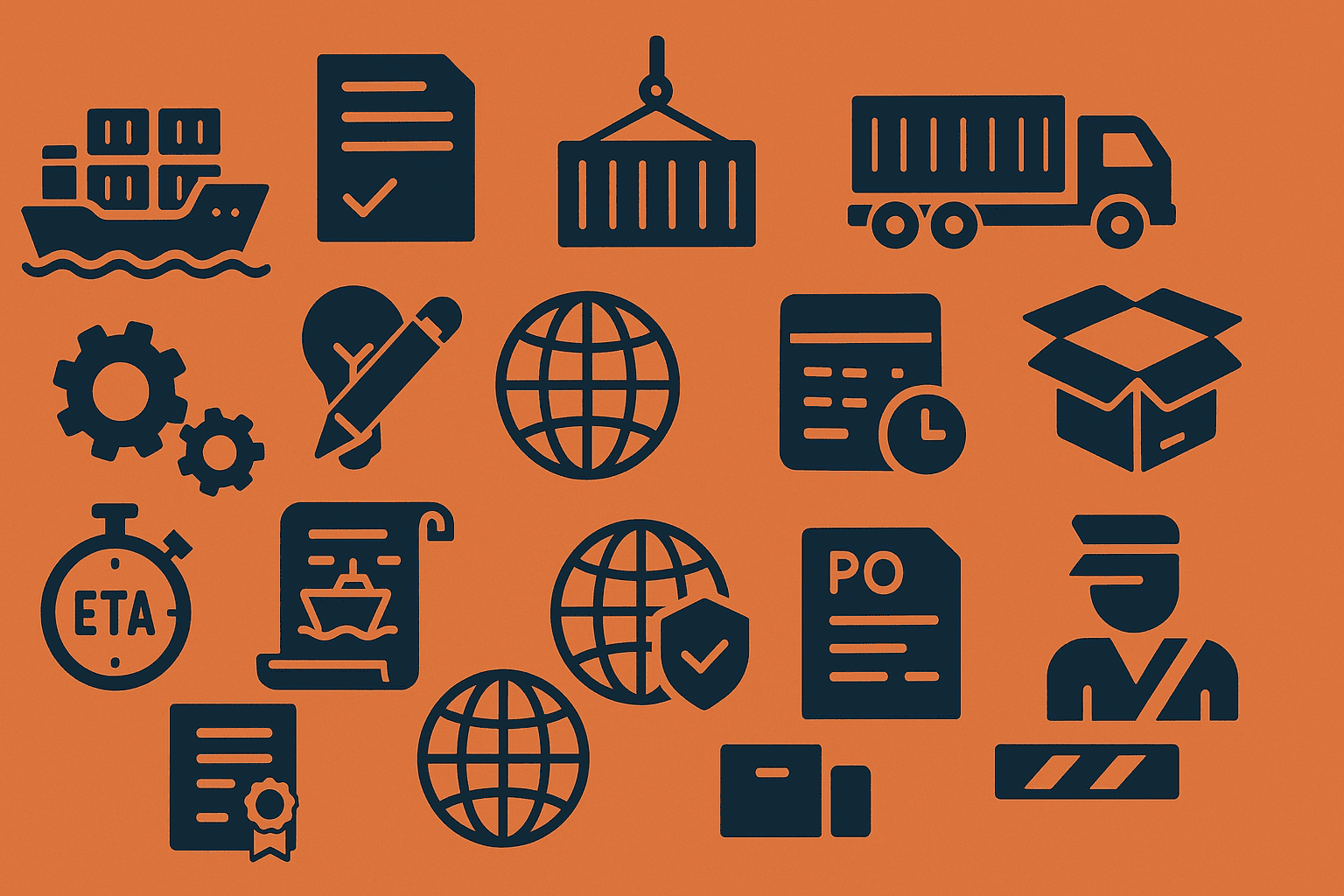 Shipping and logistics icons set, freight forwarding, customs documents and global trade illustration