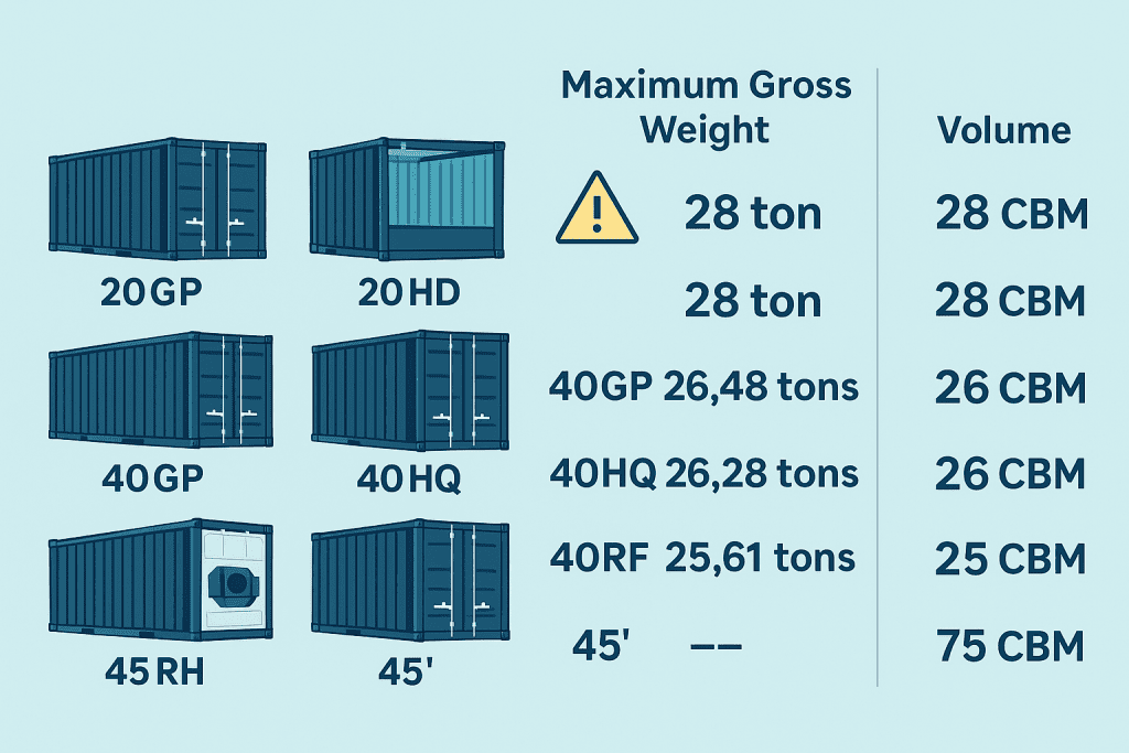 Container size and weight chart, 20GP 40GP 40HQ 45RH specifications for shipping logistics illustration
