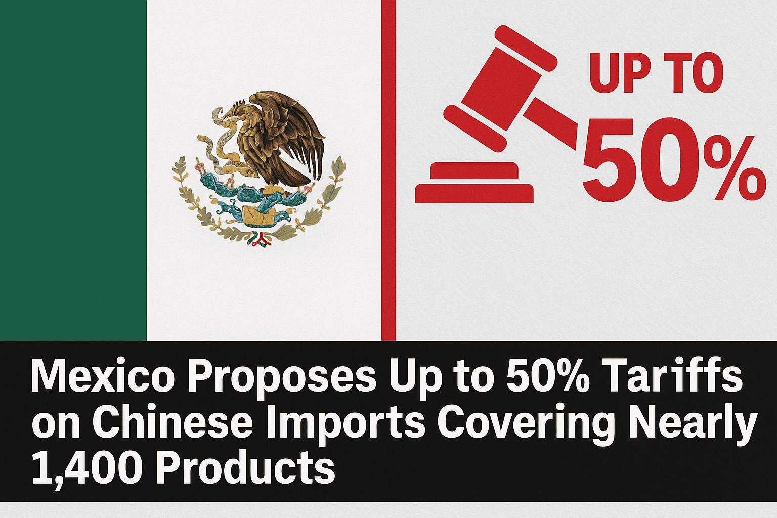Mexico proposes up to 50% tariffs on Chinese imports covering nearly 1,400 products with Mexico flag and gavel illustration