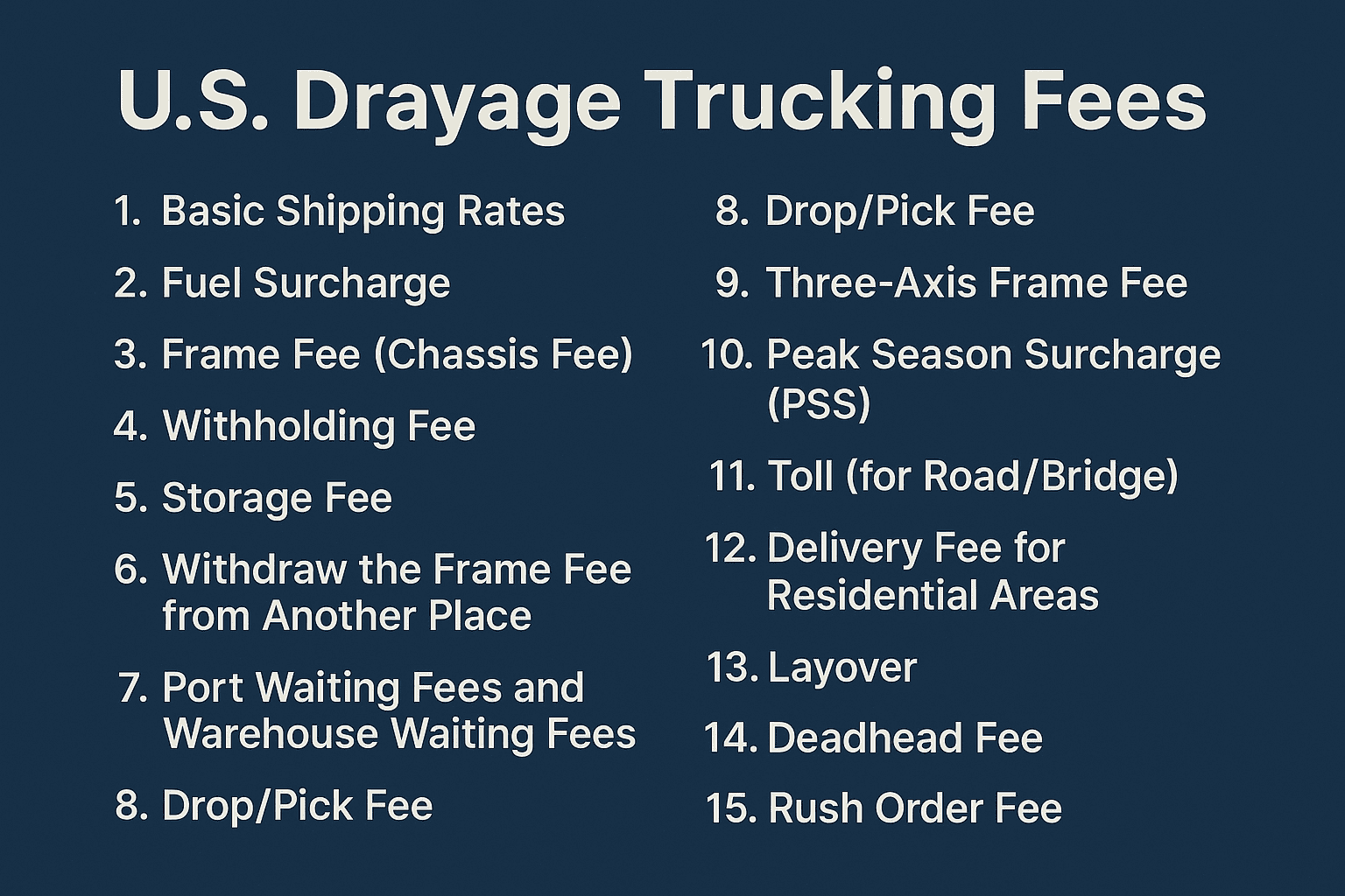 List of common U.S. drayage trucking fees including fuel surcharge, chassis fee, storage fee, port waiting fee, delivery fee, and rush order fee