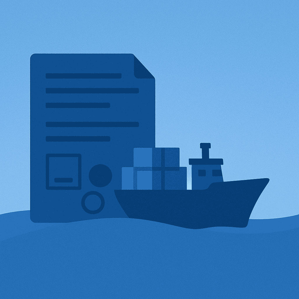 Illustration of shipping document and cargo vessel with containers, representing bill of lading and sea waybill