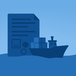 Minimalist illustration of a cargo ship carrying containers next to a shipping document, symbolizing international trade, freight forwarding, and logistics paperwork