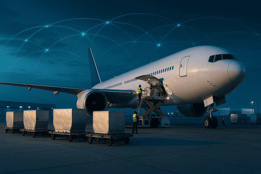 Air cargo loading process with airplane and freight containers at airport