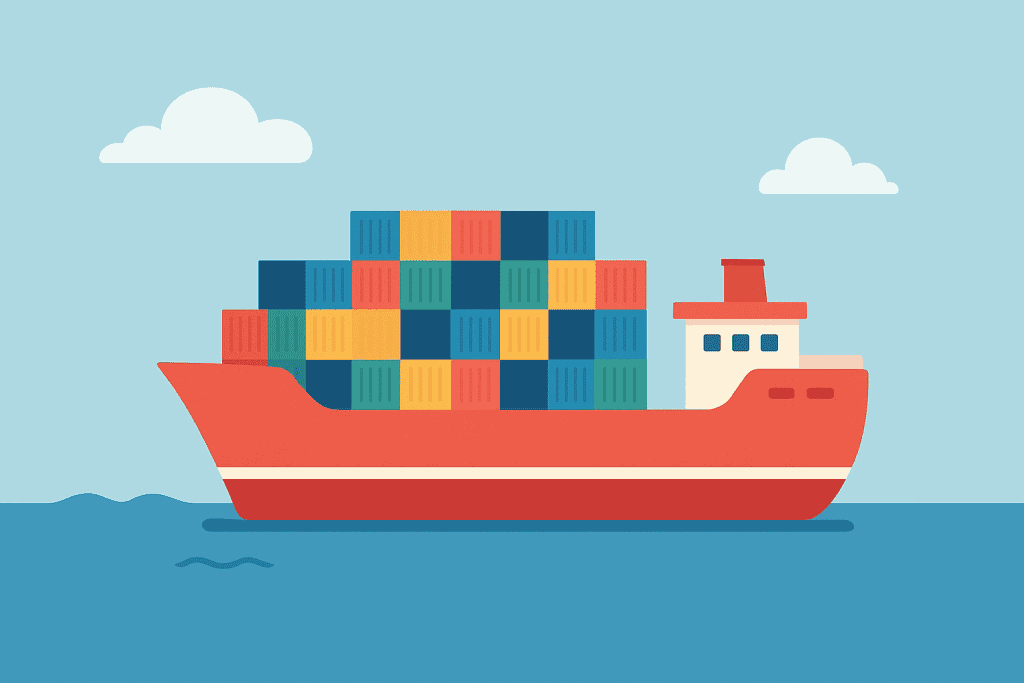 Illustration of a container ship carrying colorful shipping containers at sea, representing ocean freight