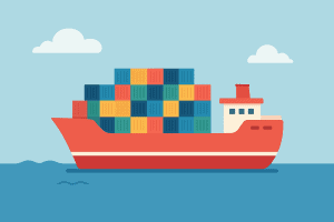 Illustration of a container ship carrying colorful shipping containers at sea, representing ocean freight