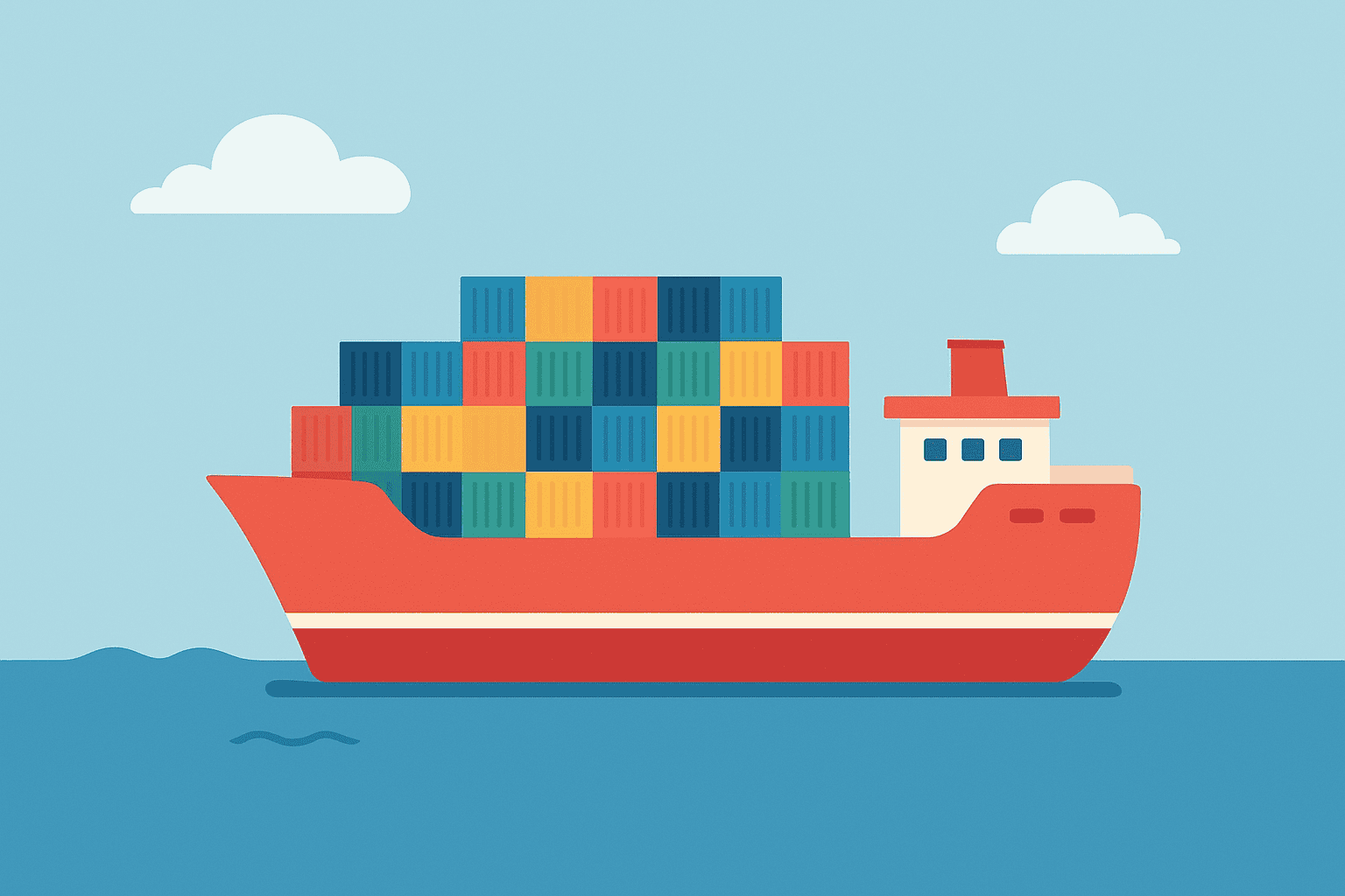 Illustration of a container ship carrying colorful shipping containers at sea, representing ocean freight