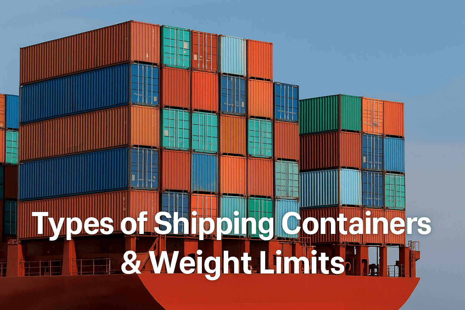 Stacked shipping containers on cargo vessel representing different container types and weight limits