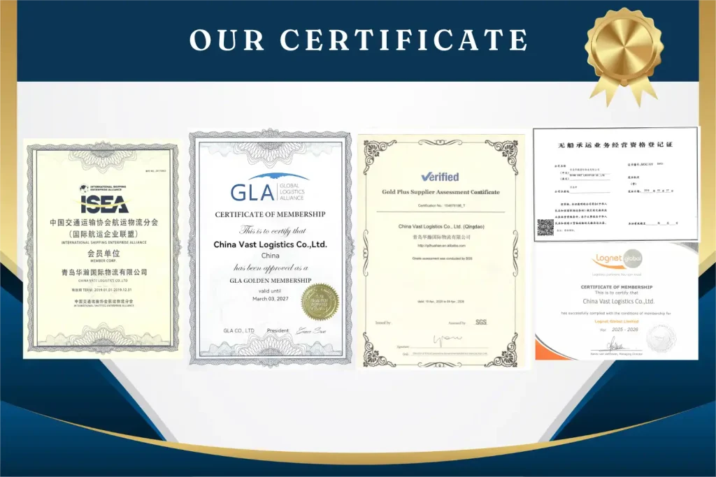 China Vast Logistics official certifications: GLA Golden Member, ISEA Logistics Association Membership, SGS Alibaba Verified Supplier, NVOCC Qualification Certificate, and Lognet Global Membership.