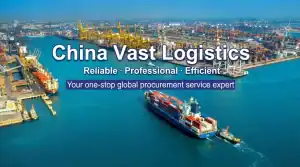 China Vast Logistics banner featuring a container ship at port, symbolizing reliable, professional and efficient global freight forwarding services.